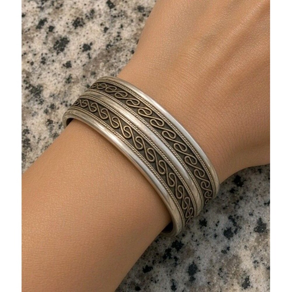 Two Tone Silver Gold Swirl Cuff Bracelet Ethnic Nepal Tribal Open Adjustable